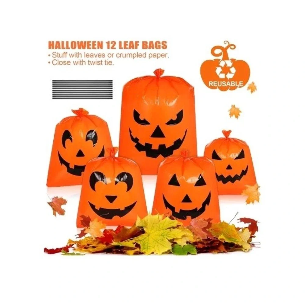 12Pcs Halloween Pumpkin Lawn Bags Decorations Leaf Bags 5 Designs